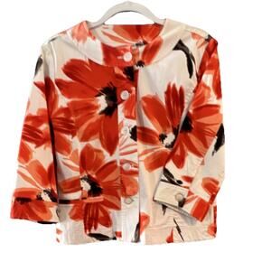 Chico's Women’s Floral White Orange Black Button-Up 3/4 Sleeve Cotton Jacket 1